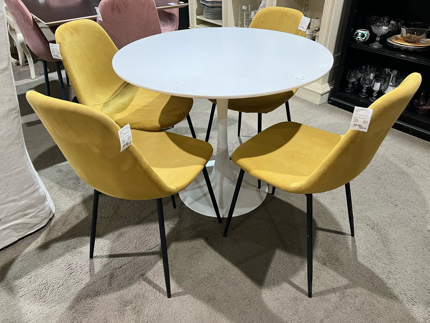 White Modern Tulip Table w/ 4 Mustard Fabric Chairs