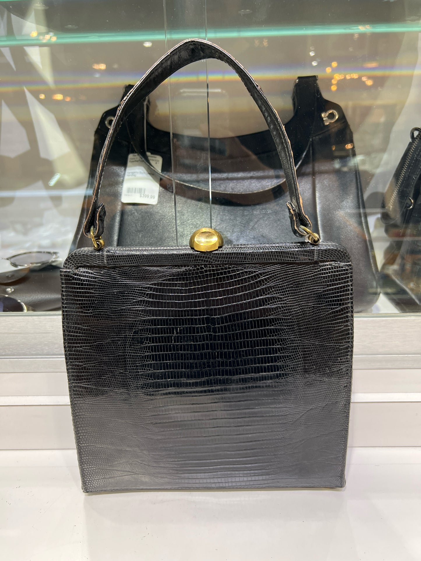 Vintage Black Lizard Leather Gold Hardware Handbag