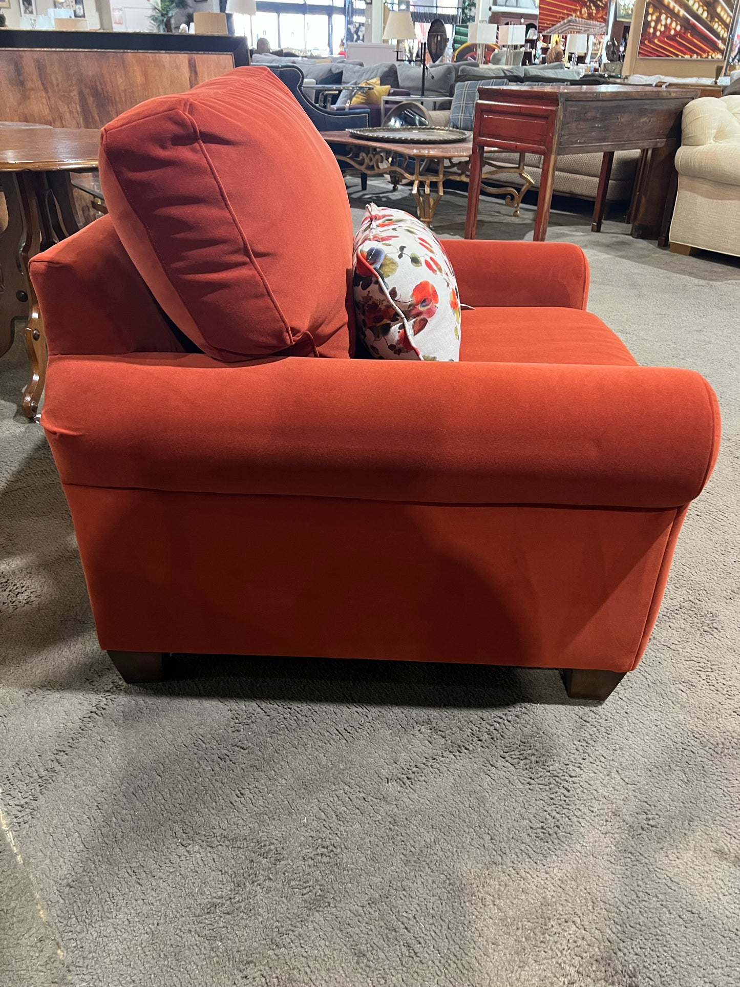 Bassett Rust Fabric Club Chair & Custom Floral Pillow