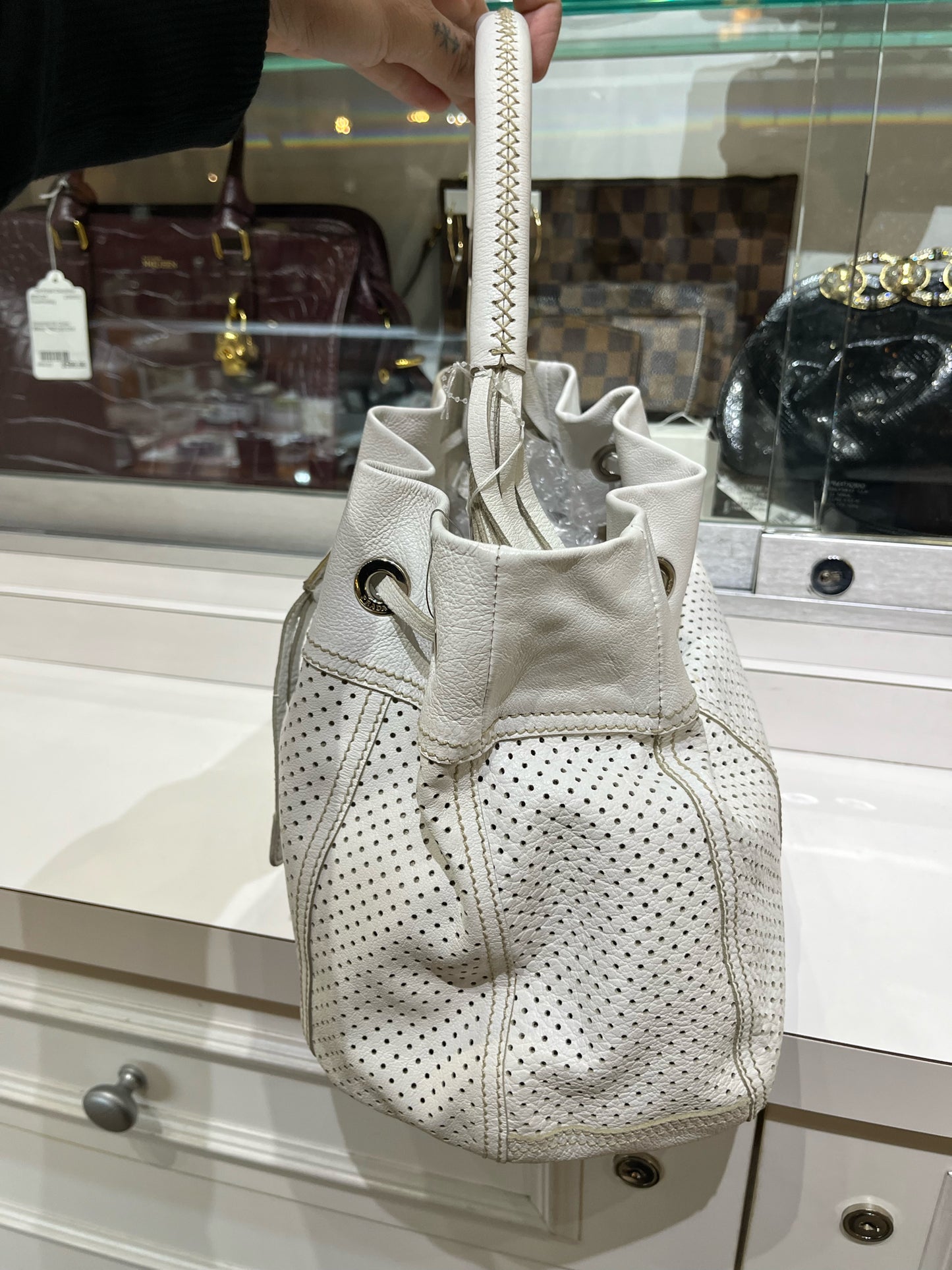 Prada White Perforated Leather Bucket Bag