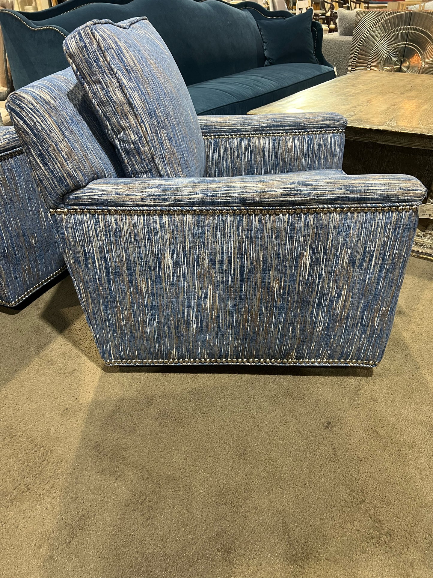 Blue & Tan Swivel Fabric Rocker