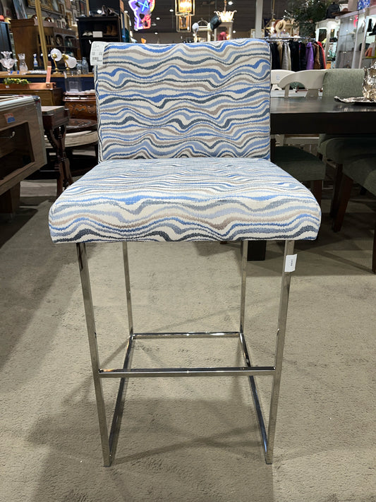 Milo Baughman Blue Wave Fabric & Chrome Frame Bar Stool
