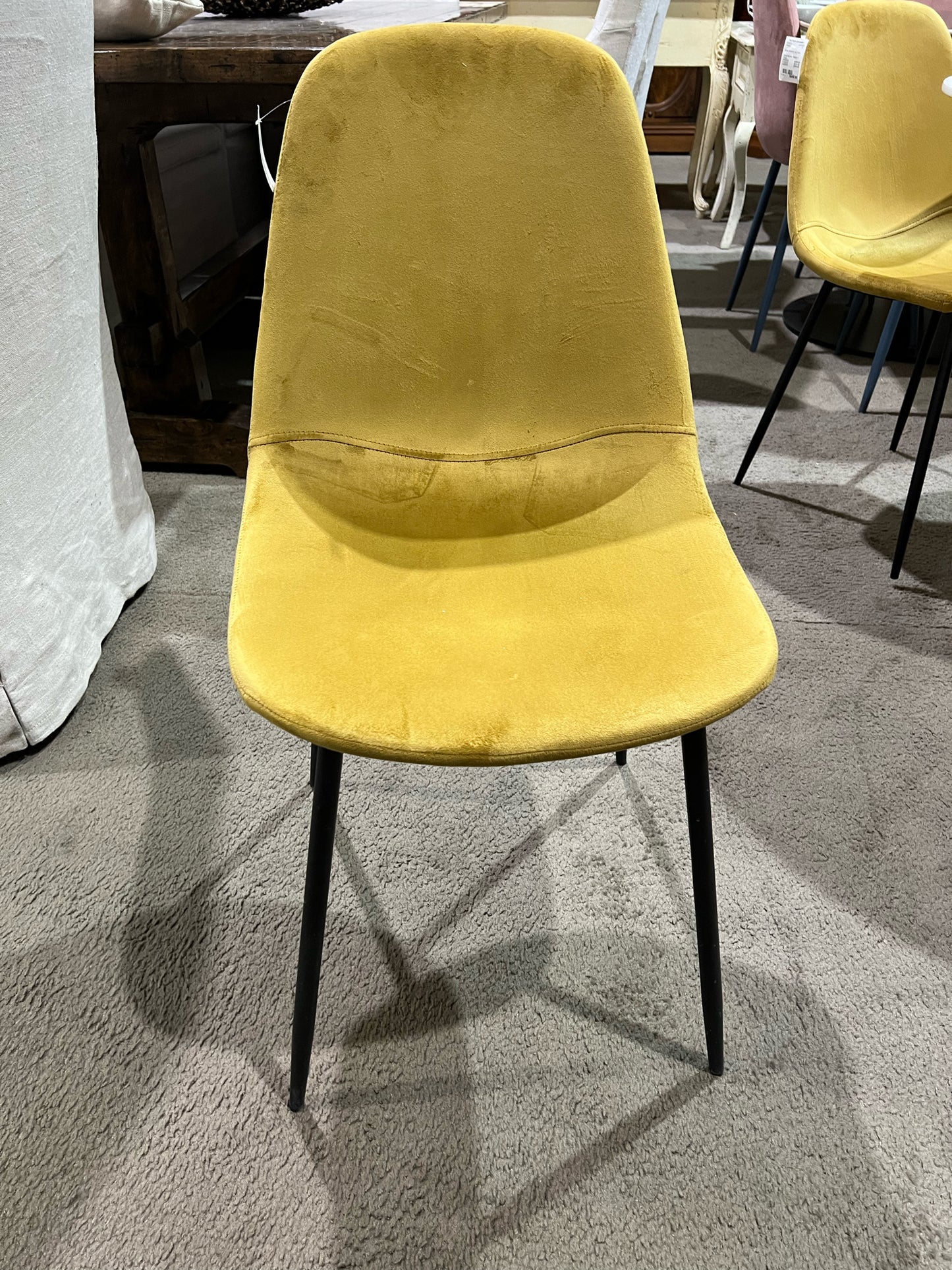 White Modern Tulip Table w/ 4 Mustard Fabric Chairs