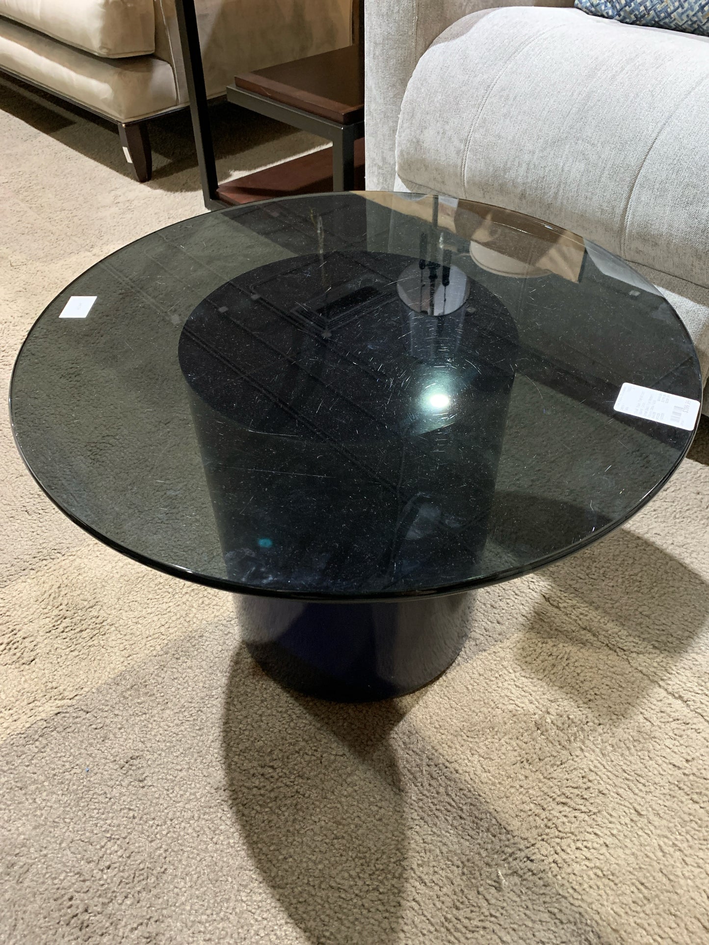 Round Black Post Modern Glass Top Side Table