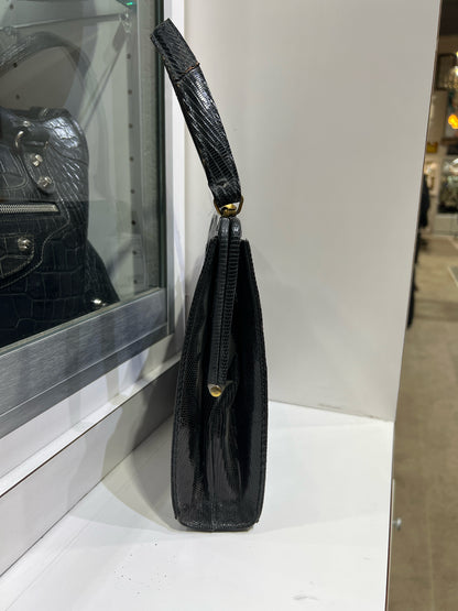 Vintage Black Lizard Leather Gold Hardware Handbag