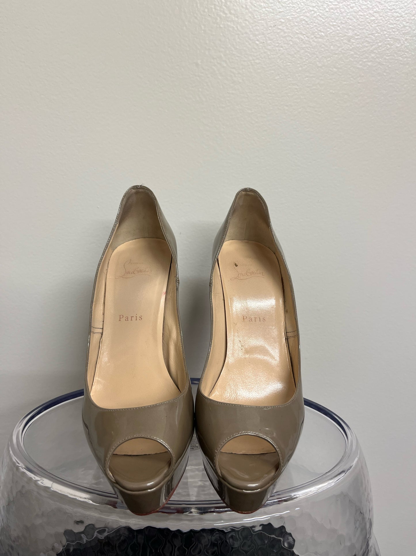 Christian Louboutin Taupe Patent Leather Peep Toe Pumps