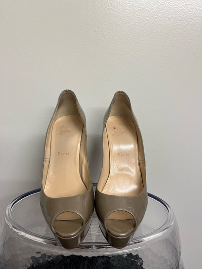 Christian Louboutin Taupe Patent Leather Peep Toe Pumps