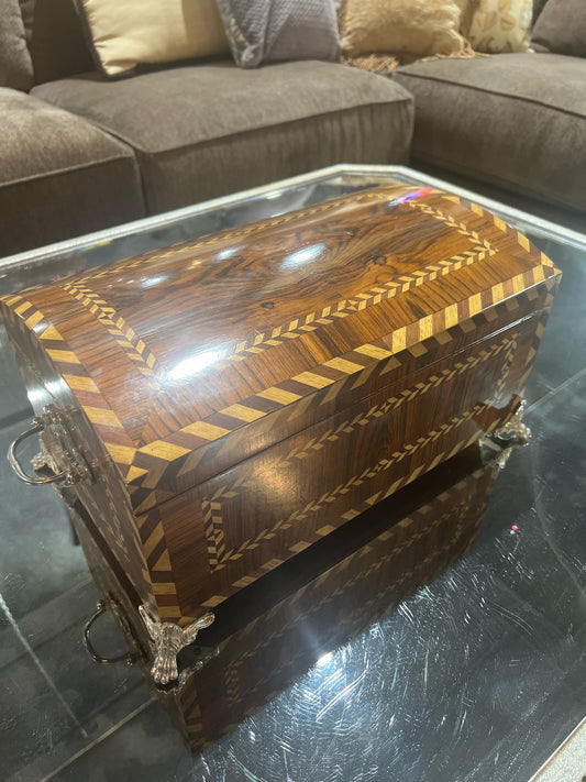 Maitland Smith Style Marquetry Inlaid Box Chevron Paw Feet