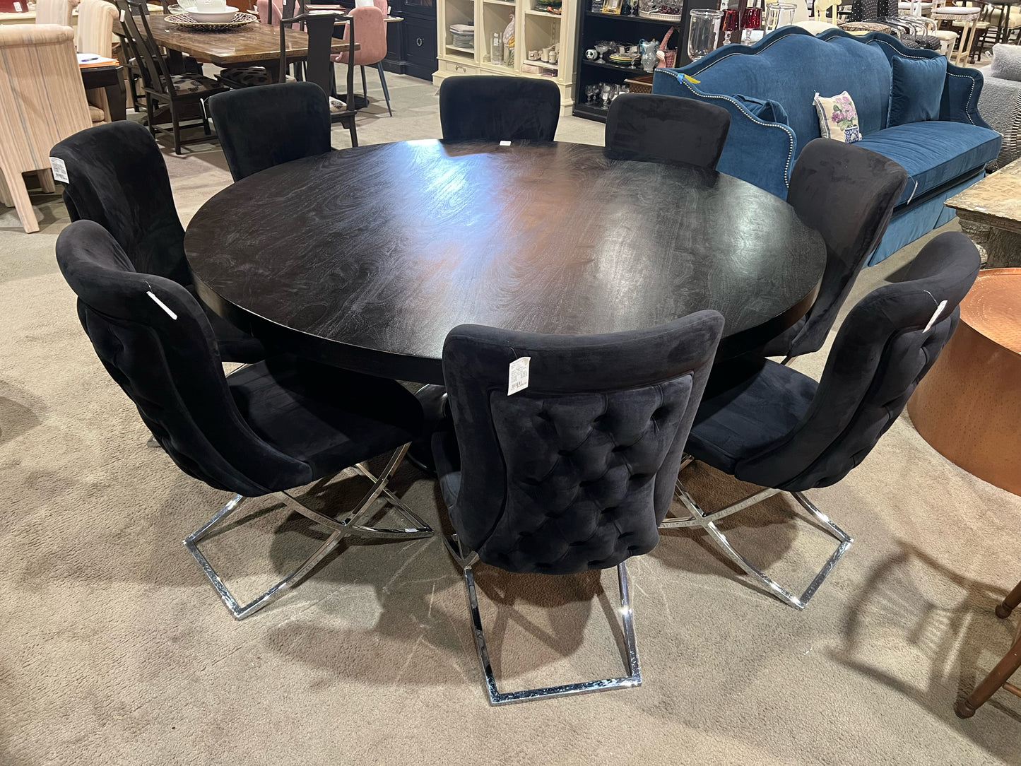 Table & Chairs Black Mahogany Wood & Velvet