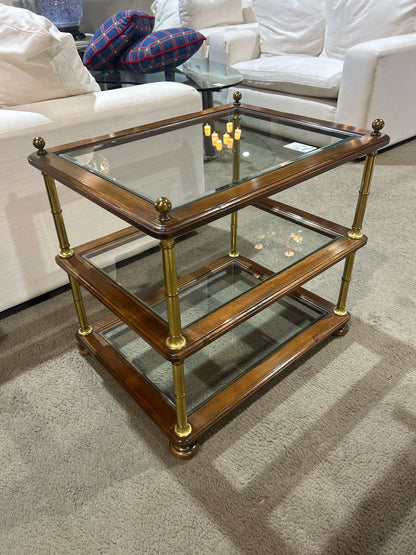 Three Tier End Table w/ Glass Shelves and Brown Gold Accents