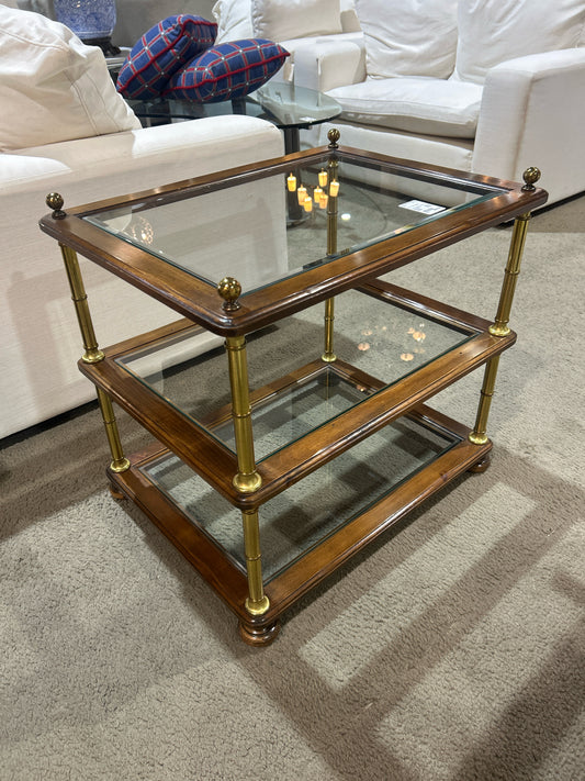 Three Tier End Table w/ Glass Shelves and Brown Gold Accents